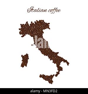 Italian coffee. Map of Italy created from coffee beans isolated on a white background. Stock Vector