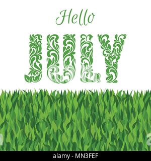Hello JULY. Decorative Font made in swirls and floral elements. Green ...
