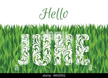 Hello JUNE. Decorative Font made in swirls and floral elements. Background made of grass Stock Vector