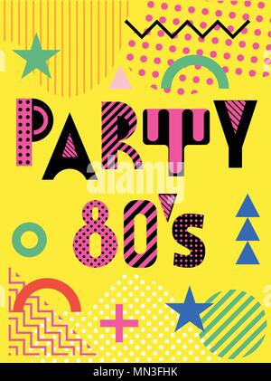 Banner for a party in the style of the eighties. Trendy geometric font in memphis style of 80s-90s. Stock Vector