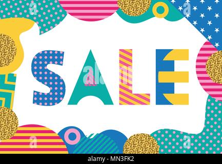 SALE. Trendy geometric font in memphis style of 80s-90s. Rectangular frame from abstract geometric elements Stock Vector