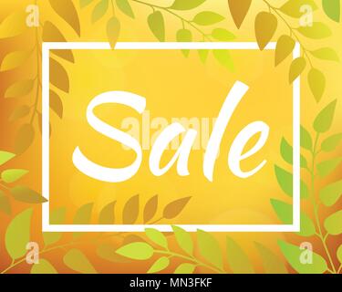 Inscription SALE. Autumnal gradient backdrop with foliage and rectangular frame. Yellow horizontal blurred background with bokeh. Stock Vector