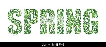 SPRING. Decorative Font with swirls and floral elements isolated on a white background Stock Vector