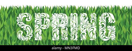 SPRING. Decorative Font made of swirls and floral elements. Background made of grass Stock Vector