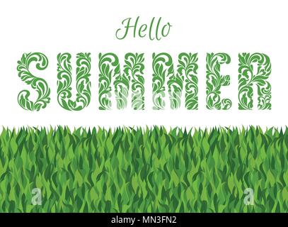 Hello SUMMER. Decorative Font made in swirls and floral elements isolated on a white background with grass Stock Vector