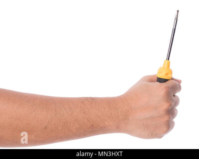Hand holding screwdriver isolated on white background with clipping path. Stock Photo