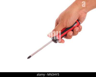 Hand holding screwdriver isolated on white background with clipping path. Stock Photo