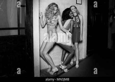 LONDON, ENGLAND - SEPTEMBER 18: Models group and have some fun backstage ahead of the Kristian Aadnevik show during London Fashion Week Spring/Summer collections 2016/2017 on September 18, 2016 in London, United Kingdom. Stock Photo