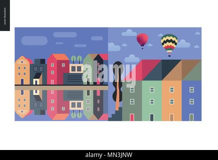 Simple things - color - flat cartoon vector illustration of houses row of town houses, canal bank, clouds, sky, townhouses, tall trees, hot air balloo Stock Vector