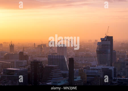 London city skyline.  A cityscape at sunset.  Despite the dreamy look, London suffers from high levels of air pollution, affecting the health of many. Stock Photo