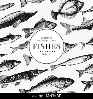 Fish seamless vector pattern. Can be use for restaurants, packaging, emblem, vector image. Vintage illustration. Banner template. Stock Vector