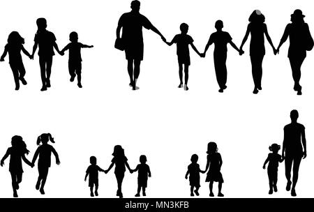 family and children holding hands silhouettes collection - vector Stock Vector