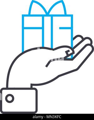 Presenting a gift 42 vector thin line stroke icon. Presenting a gift 42 outline illustration, linear sign, symbol concept. Stock Vector