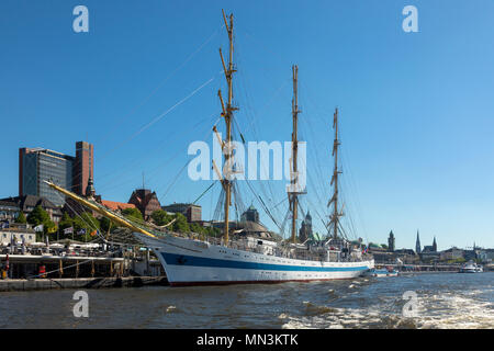 Russian sail ship MIR moored at St Pauli landing stages, Hamburg Stock Photo