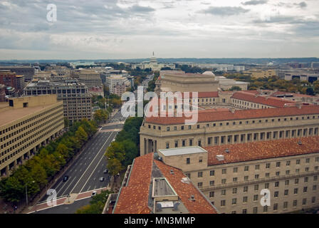 An aerial view of Washington DC as seen from The Old Post Office tower. The Capital building is seen in the distance. Stock Photo