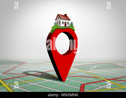Finding a home and find property concept as a pin with a family house as a real estate buying or locating a residence symbol as a 3D illustration. Stock Photo