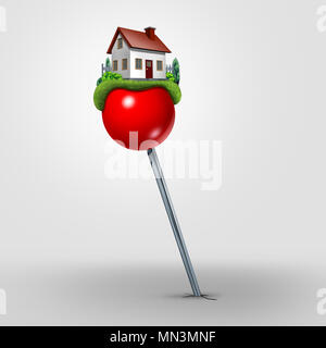 Home relocation and locating a house to buy or relocate to a new neighborhood as a real estate moving symbol as a location pin. Stock Photo