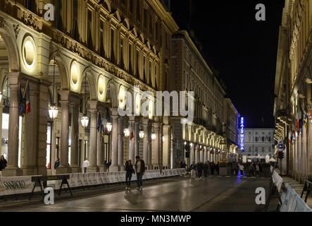 Turin, Piedmont, Italy. May 12 2018.Via Roma photographed in the direction of Piazza Castello. The following morning the 'Stratorino' foot race takes Stock Photo