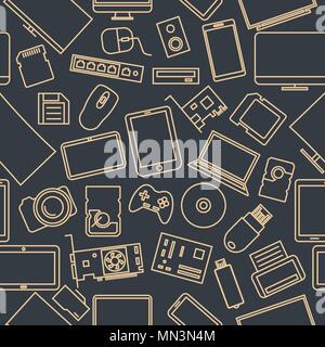 Seamless pattern from a set of computer and gadget icons of thin lines, vector illustration. Stock Vector