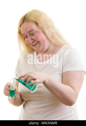 Crazy looking young caucasian blonde female woman mixing chemicals in test tubes isolated on white background  Model Release: Yes. Property Release: No. Stock Photo