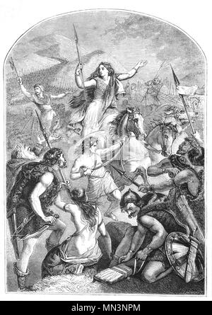 Boudica aka Boadicea or Boudicea was a queen of the British Celtic Iceni tribe who led an uprising against the occupying forces of the Roman Empire.  In AD 60 or 61, when the Roman governor Gaius Suetonius Paulinus was campaigning on the island of Anglesey off the northwest coast of Wales, Boudica led theCelts in revolt. They destroyed Camulodunum (modern Colchester) and went on to destroy Londinium and Verulamium (modern-day St Albans).  Suetonius, regrouped his forces in the West Midlands, and, despite being heavily outnumbered, defeated the Britons in the Battle of Watling Street. Stock Photo