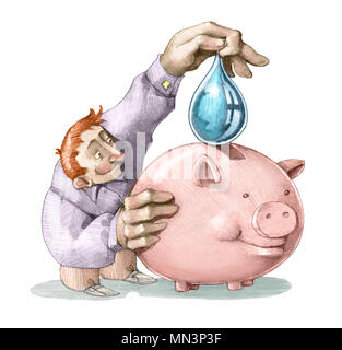 man puts a drop of pure water in a piggy bank Stock Photo