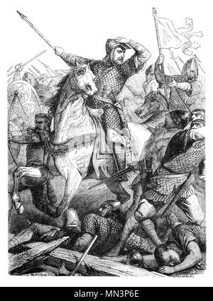 A scene from the Battle of Hastings fought on 14 October 1066 between the Norman-French army of William, the Duke of Normandy, and an English army under the Anglo-Saxon King Harold Godwinson, beginning the Norman conquest of England. It took place approximately 7 miles (11 kilometres) northwest of Hastings, close to the present-day town of Battle, East Sussex, and was a decisive Norman victory. Stock Photo