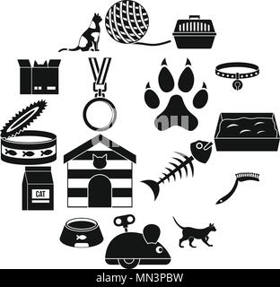 Cat care tools icons set, simple style Stock Vector