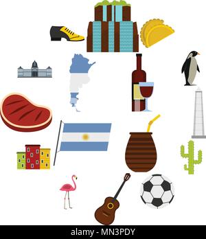 Argentina travel items icons set in flat style Stock Vector