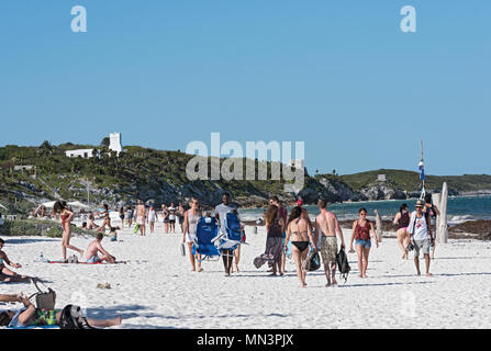 bathers on beautiful caribbean sand beach near the ruins of beautiful, mexico Stock Photo