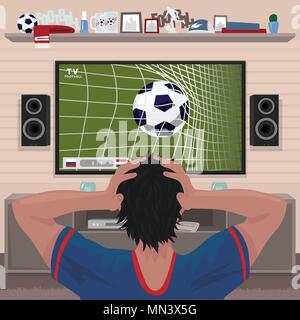 Football fan in despair grabs his head after the goal. Viewing soccer game at home on big TV Stock Vector