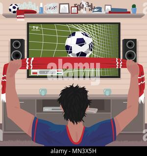 Football fan rejoices at the goal. Viewing soccer game at home on big TV Stock Vector