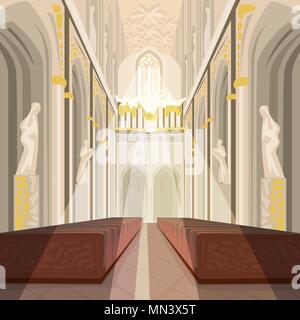 Beautiful view on nave from altar inside Cathedral Church. Interior of Catholic Basilica with sun rays from windows Stock Vector