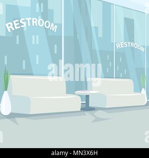 Interior of rest room with panoramic windows and view of city, in modern office Stock Vector