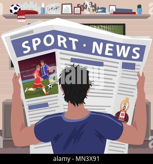 Young man reading sports news in newspaper. Football fan interesting in results of soccer game Stock Vector