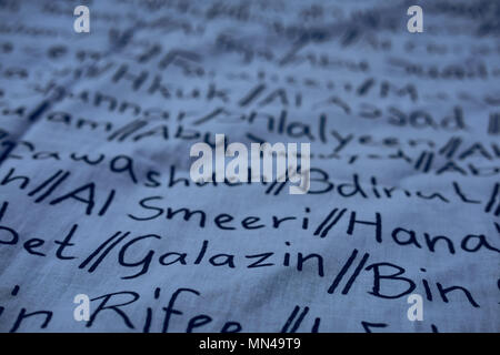Berlin, Germany. 14th may 2018. Names of some of the villages that have been occupied by Israel seen at the protest. Hundreds of demonstrators gathering in Berlin to protest the violent actions that has been taken by the Israeli military in Gaza which has led to at least 50 dead. Credit: SOPA Images Limited/Alamy Live News Stock Photo