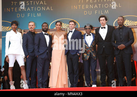 Cannes, France. 14th May, 2018. (L-R) Damaris Lewis, Jasper Paakkonen, John David Washington, Laura Harrier, Topher Grace, director Spike Lee, Adam Driver and Corey Hawkins at the 'Blackkklansman' premiere during the 71st Cannes Film Festival at the Palais des Festivals on May14, 2018 in Cannes, France. Credit: John Rasimus/Media Punch ***FRANCE, SWEDEN, NORWAY, DENARK, FINLAND, USA, CZECH REPUBLIC, SOUTH AMERICA ONLY*** Stock Photo