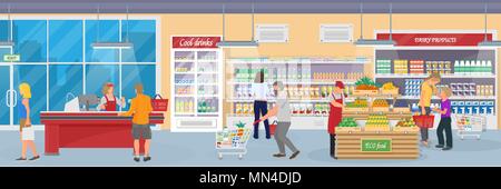 Interior of a modern supermarket with goods, buyers and employee Stock Vector