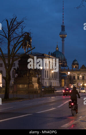 The statue of Frederick the Great, Berliner Dom, Fernsehturm & Unter den Linden at night, Mitte, Berlin, Germany Stock Photo