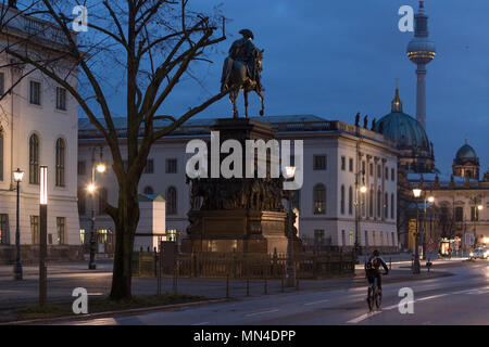 The statue of Frederick the Great, Berliner Dom, Fernsehturm & Unter den Linden at night, Mitte, Berlin, Germany Stock Photo