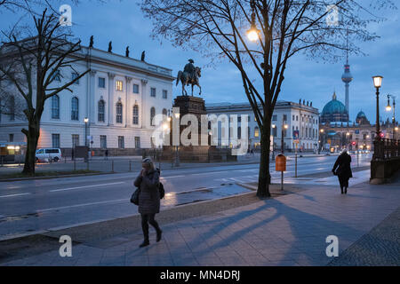 The statue of Frederick the Great, Berliner Dom, Fernsehturm & Unter den Linden at night, Mitte, Berlin, Germany Stock Photo