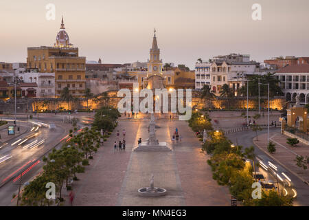 Plaza de la Paz and the Old Town at dusk, Cartagena, Colombia Stock Photo