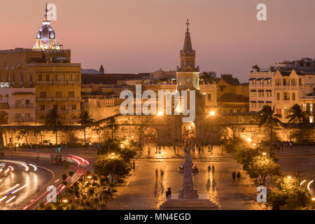 Plaza de la Paz and the Old Town at dusk, Cartagena, Colombia Stock Photo
