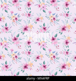 Watercolor floral pattern. Seamless pattern with purple, gold and pink bouquet on white background. Flowers, roses, peonies and leaves Stock Photo