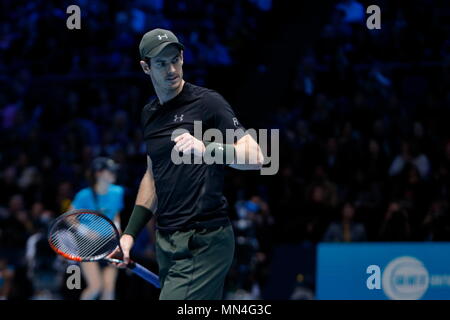 LONDON, ENGLAND - NOVEMBER 20: Andy Murray of Great Britain reacts during the final of the singles tournament against Novak Djokovic of Serbia on Finals day eight of the ATP World Tour Finals at the O2 Arena on November 20, 2016 in London, England. Stock Photo