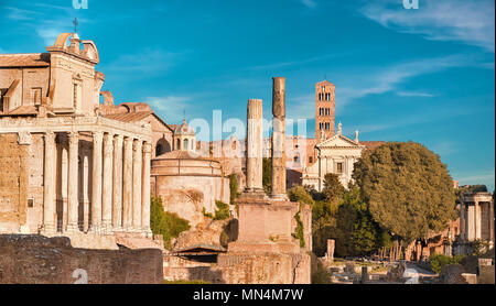 Panoramic image of Roman Forum, also known as Foro di Cesare, or Forum of Caesar, in Rome, Italy, on the bright day Stock Photo