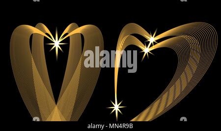 Golden waves in the shape of heart on a black background. Star. illustration Stock Vector