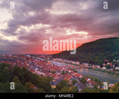 Germany, Heidelberg old town on a sunset, panoramic aerial view from above Stock Photo