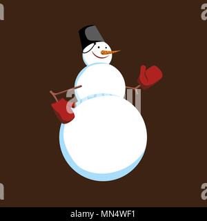 cartoon snowman with bucket on his head and gloves on dark background Stock Vector