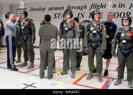 Airmanship 490, Basic Freefall Parachuting students, go through pre-jump checks at the 98th Flying Training Squadron,  U.S. Air Force Academy, Colo., on Aug. 23, 2017.  (U.S. Air Force photo/ Mike Kaplan) (released) Stock Photo